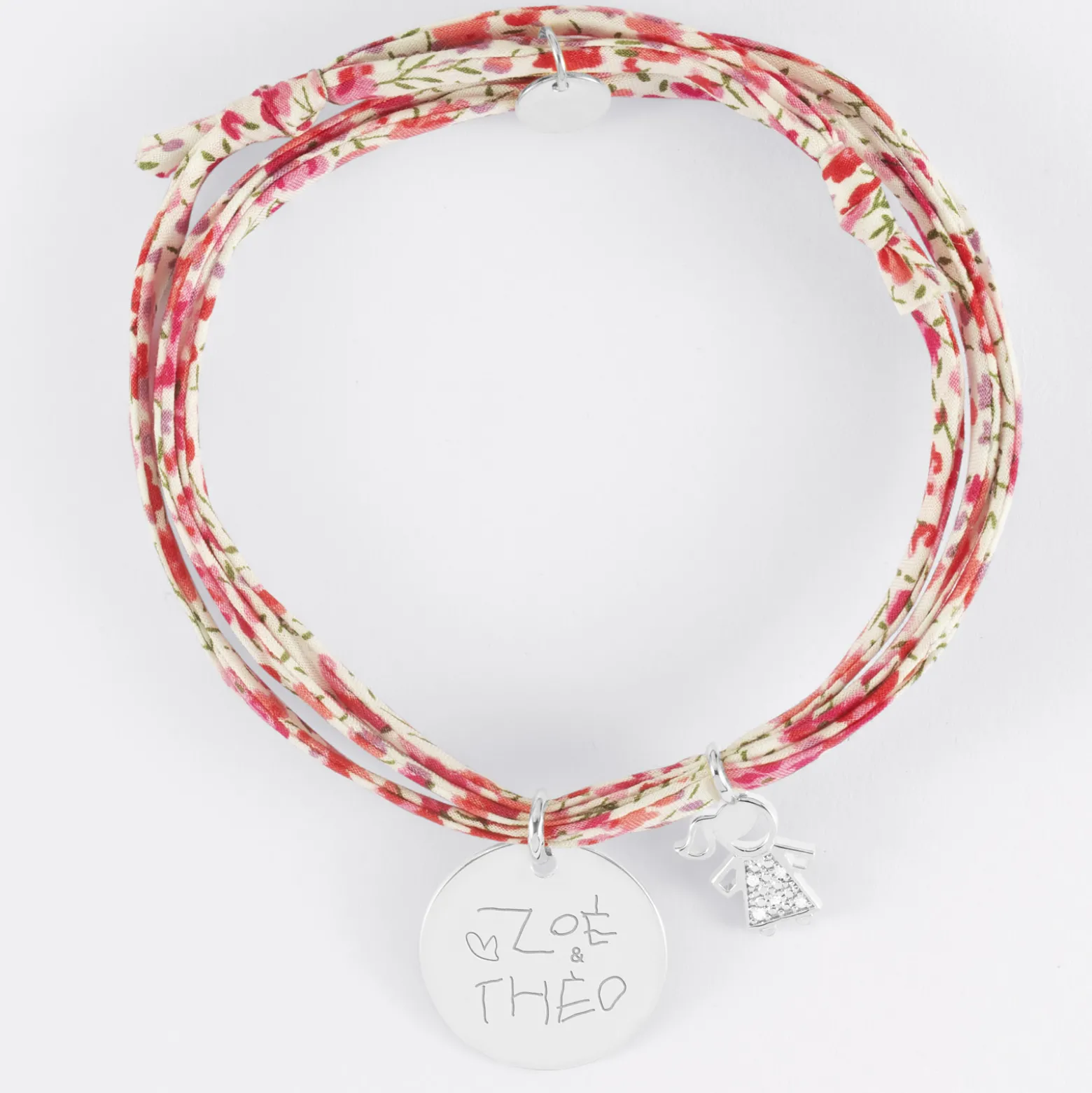Bracelet 3 tours Liberty personnalisé médaille gravée argent 19 mm et breloque petite fille scintillante 12 mm