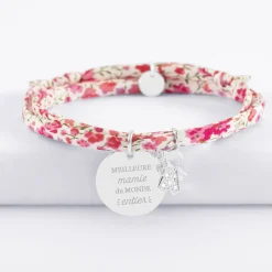 Bracelet 3 tours Liberty personnalisé médaille gravée argent 19 mm et breloque petite fille scintillante 12 mm