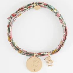 Bracelet 3 tours Liberty personnalisé médaille gravée plaqué or 19 mm et breloque petite fille zircon 12 mm