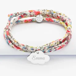Bracelet 3 tours Liberty personnalisé prénom médaille gravée argent nuage 20x14 mm