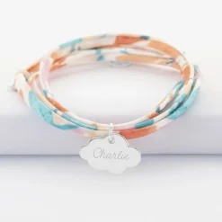 Bracelet 3 tours Liberty personnalisé prénom médaille gravée argent nuage 20x14 mm