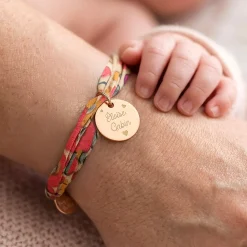 Bracelet 3 tours Liberty personnalisé médaille gravée plaqué or 15 mm