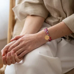 Bracelet 3 tours Liberty personnalisé médaille gravée plaqué or texturée rose scintillante 19 mm