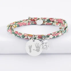 Bracelet 3 tours Liberty personnalisé médaille gravée argent 19 mm et breloque petite fille zircon 12 mm