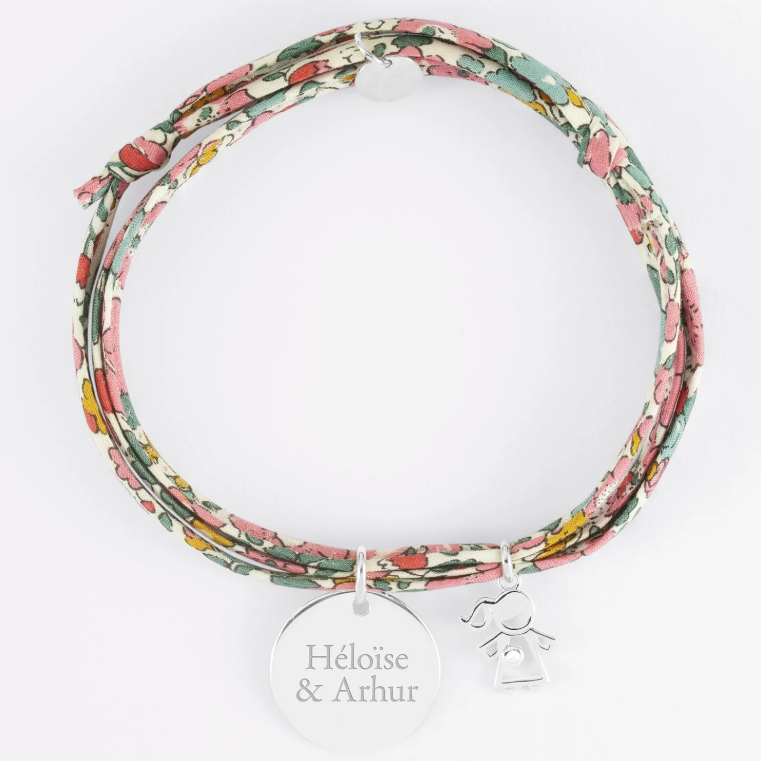 Bracelet 3 tours Liberty personnalisé médaille gravée argent 19 mm et breloque petite fille zircon 12 mm