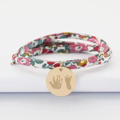 Bracelet 3 tours Liberty personnalisé médaille martelée gravée plaqué or 19 mm