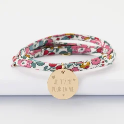 Bracelet 3 tours Liberty personnalisé médaille martelée gravée plaqué or 19 mm