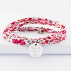 Bracelet 3 tours Liberty personnalisé médaille martelée gravée argent 15 mm