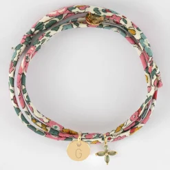 Bracelet 3 tours Liberty personnalisé médaille gravée plaqué or 10 mm et breloque fleur pétales zircons 10 mm