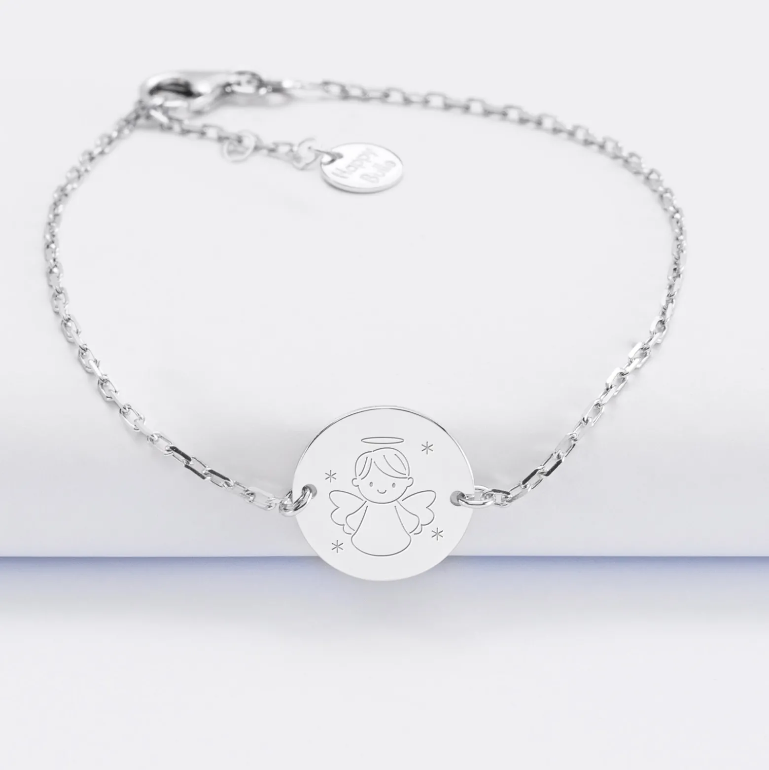 Bracelet baptême enfant chaîne personnalisé médaille gravée argent 2 trous 15 mm