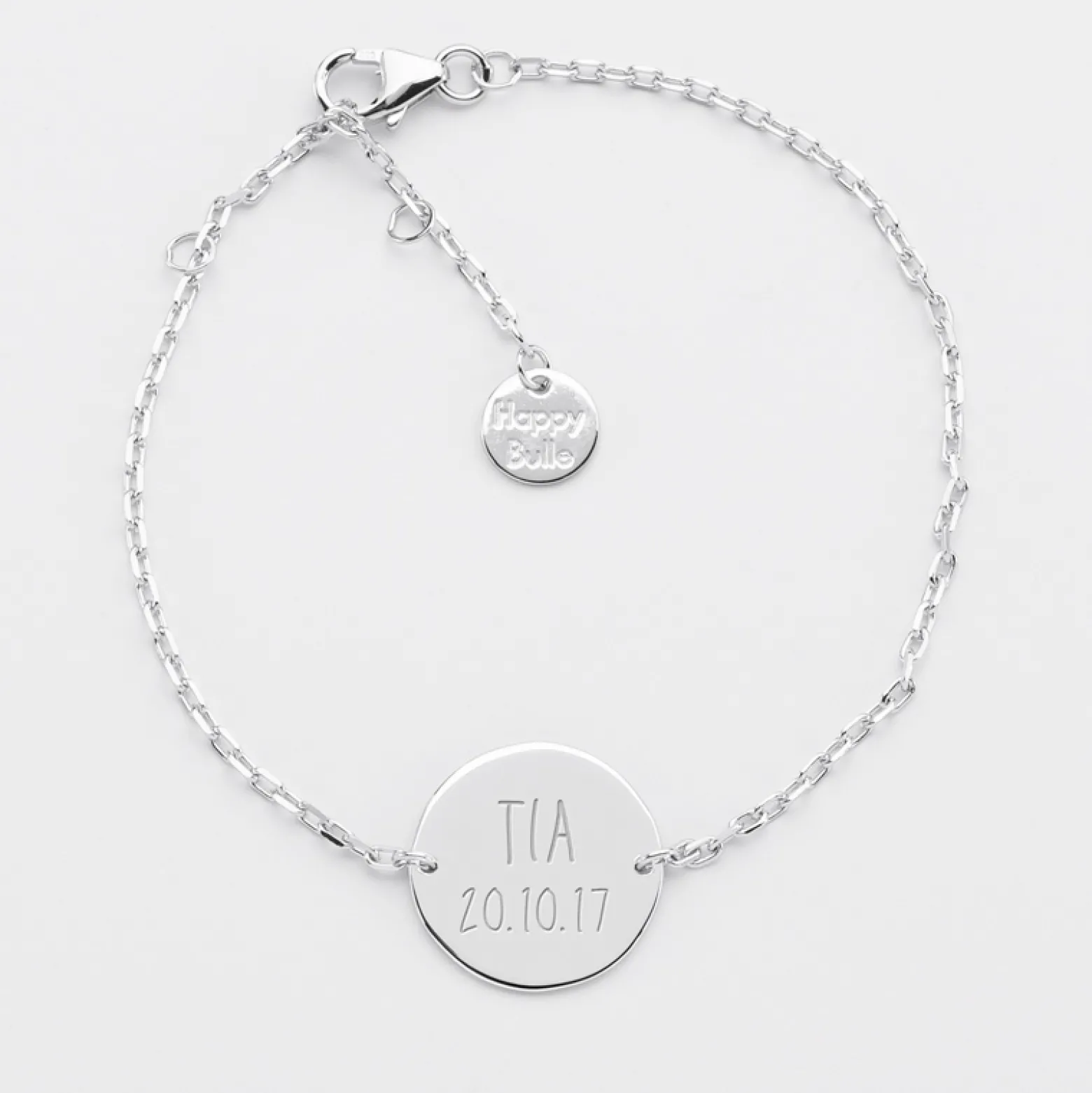 Bracelet baptême enfant chaîne personnalisé médaille gravée argent 2 trous 15 mm