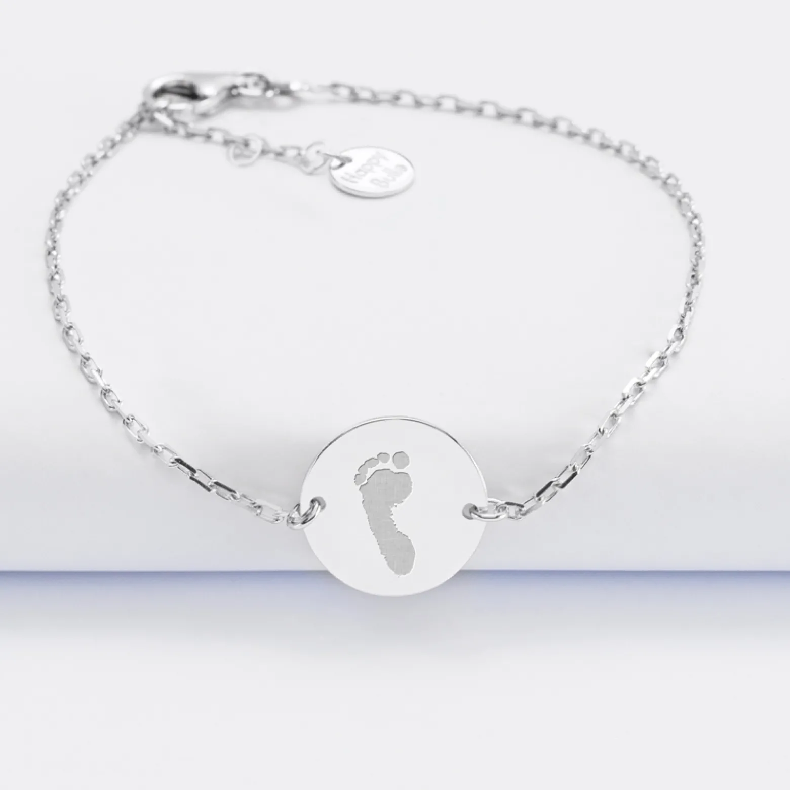 Bracelet baptême enfant chaîne personnalisé médaille gravée argent 2 trous 15 mm