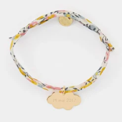 Bracelet baptême enfant Liberty personnalisé prénom médaille gravée plaqué or nuage 20x14 mm