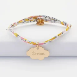 Bracelet baptême enfant Liberty personnalisé prénom médaille gravée plaqué or nuage 20x14 mm