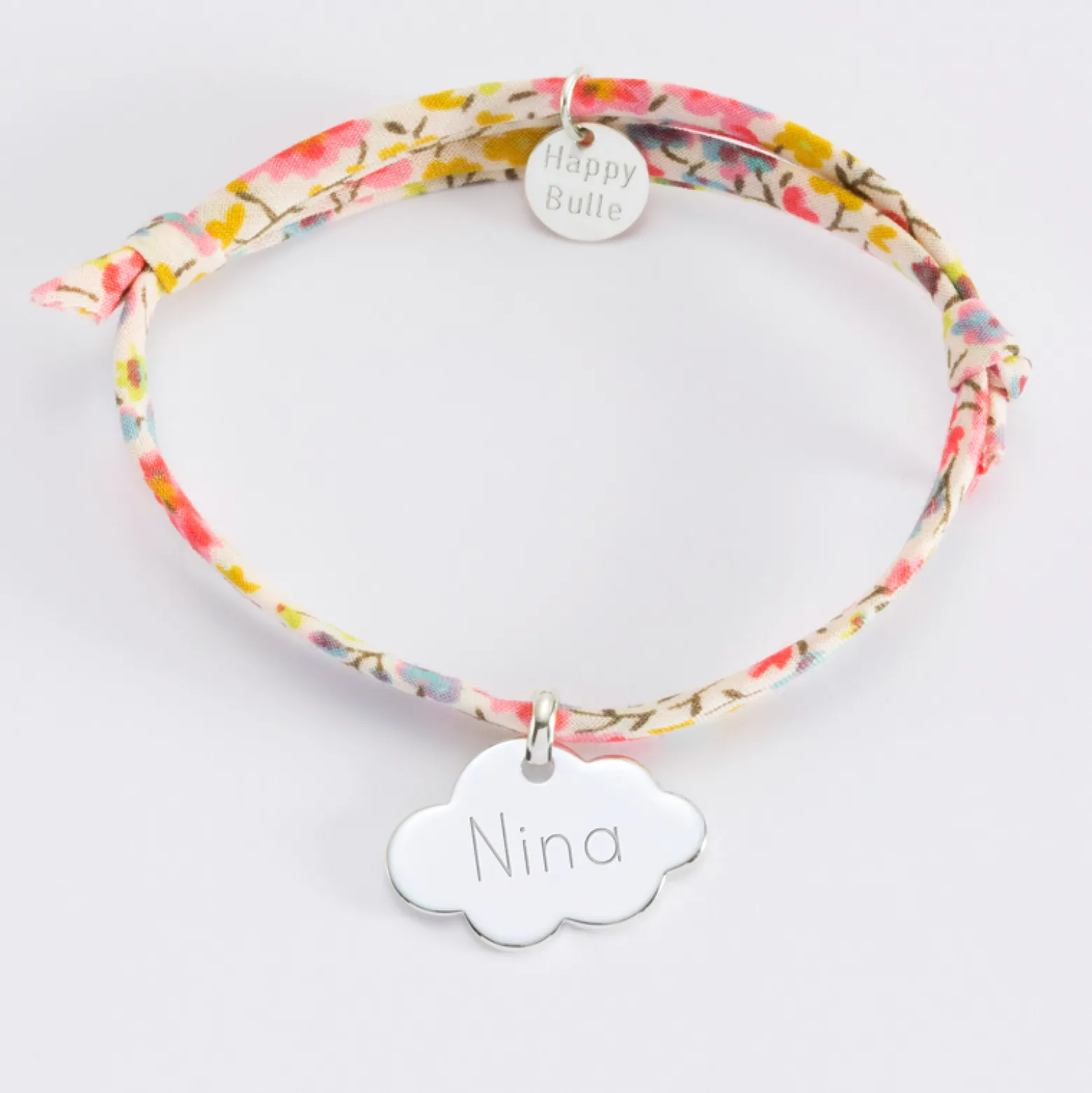 Bracelet baptême enfant Liberty personnalisé médaille gravée argent nuage 20x14 mm