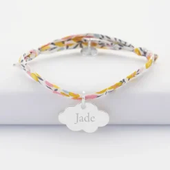 Bracelet baptême enfant Liberty personnalisé médaille gravée argent nuage 20x14 mm