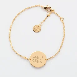 Bracelet chaine Mariée personnalisé médaille gravée plaqué or 2 trous 15 mm