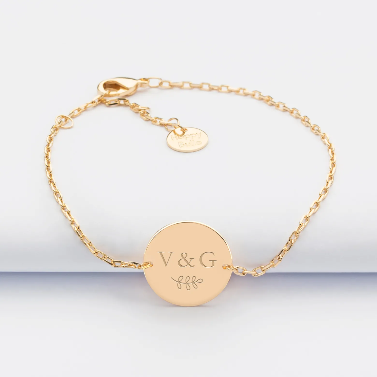Bracelet chaine Mariée personnalisé médaille gravée plaqué or 2 trous 15 mm