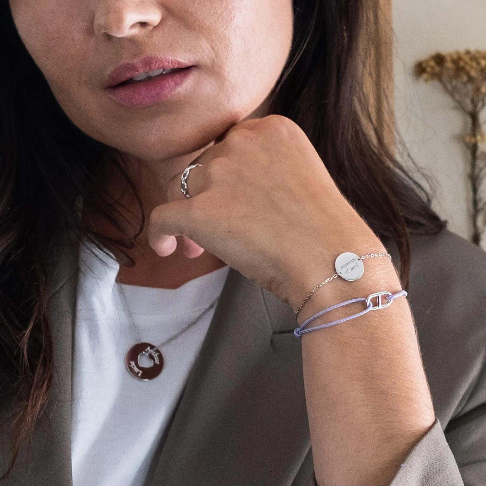 Bracelet chaine personnalisé médaille gravée argent 2 trous 15 mm