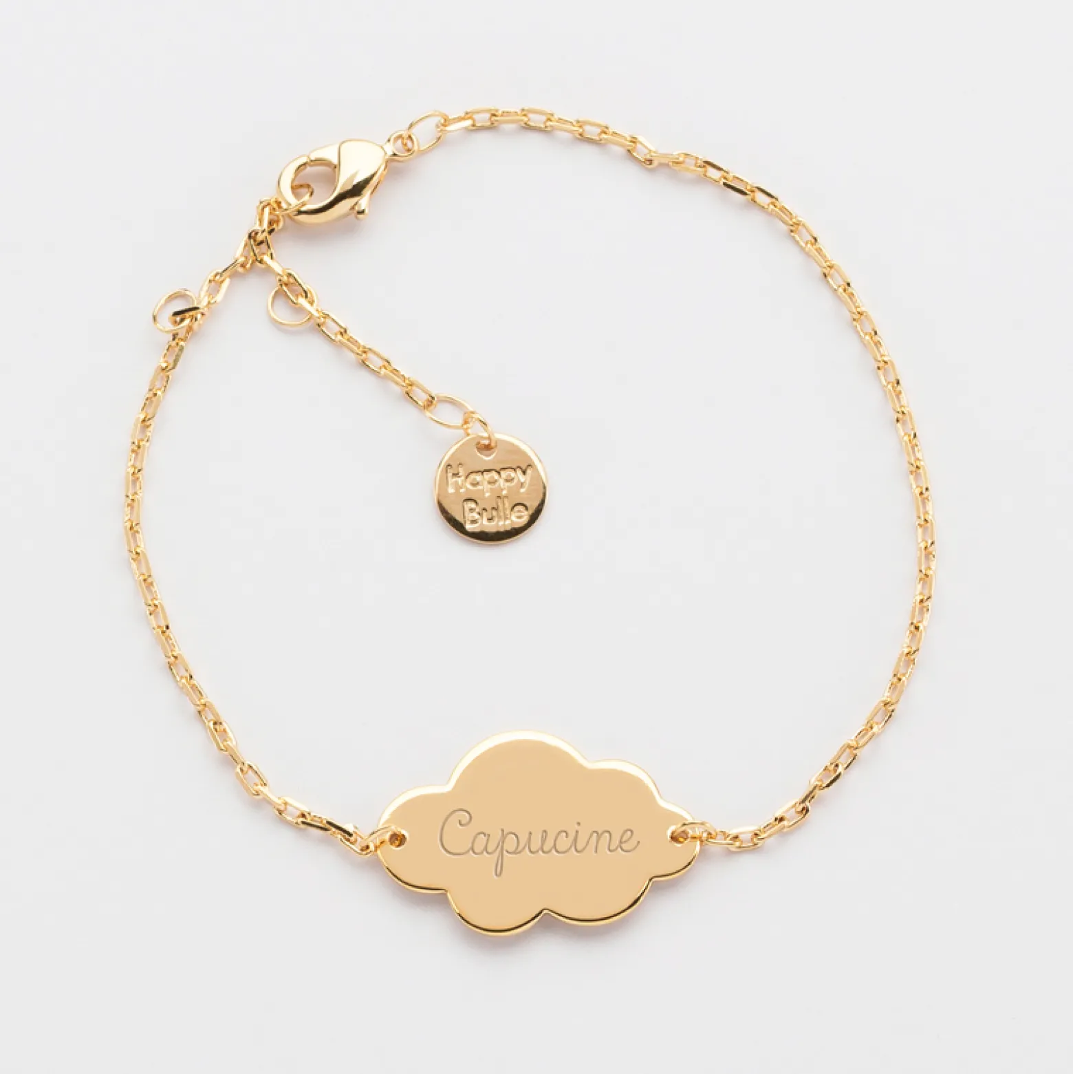 Bracelet chaîne baptême enfant personnalisé médaille gravée plaqué or nuage 2 trous 20x14 mm