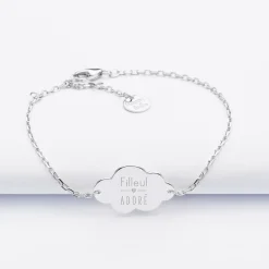 Bracelet chaîne baptême enfant personnalisé médaille gravée argent nuage 2 trous 20x14 mm