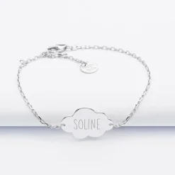 Bracelet chaîne baptême enfant personnalisé médaille gravée argent nuage 2 trous 20x14 mm