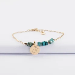 Bracelet chaîne barrette de perles personnalisé médaille gravée plaqué or ronde 10 mm