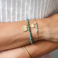 Bracelet chaîne barrette de perles personnalisé médaille gravée plaqué or ronde 10 mm