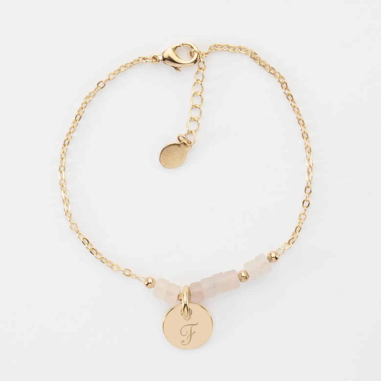 Bracelet chaîne barrette de perles personnalisé médaille gravée plaqué or ronde 10 mm