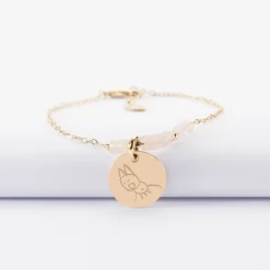 Bracelet chaîne barrette de perles personnalisé médaille gravée plaqué or ronde 15 mm