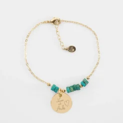 Bracelet chaîne barrette de perles personnalisé médaille gravée plaqué or ronde 15 mm