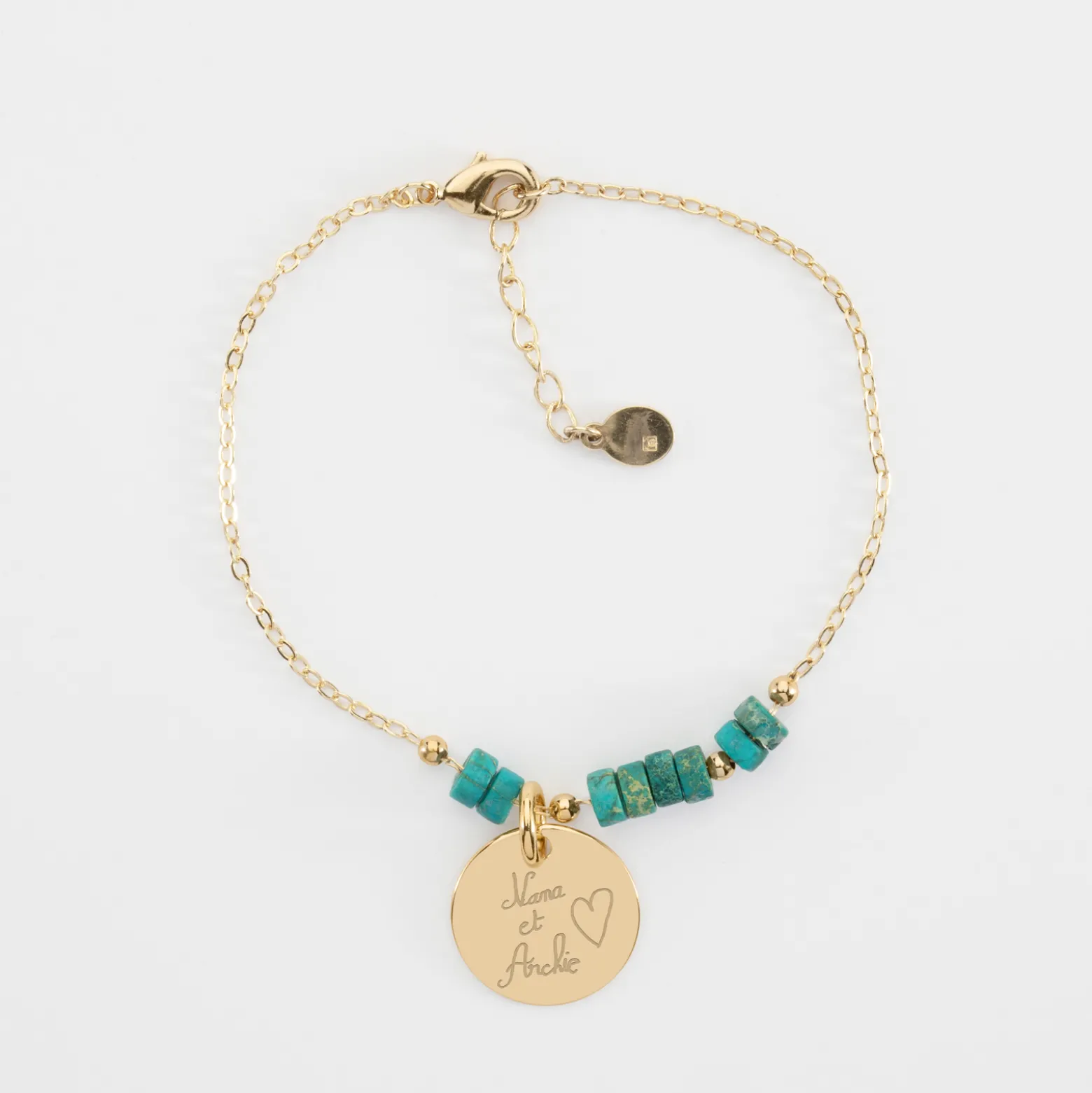 Bracelet chaîne barrette de perles personnalisé médaille gravée plaqué or ronde 15 mm