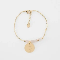Bracelet chaîne barrette de perles personnalisé médaille gravée plaqué or ronde 15 mm