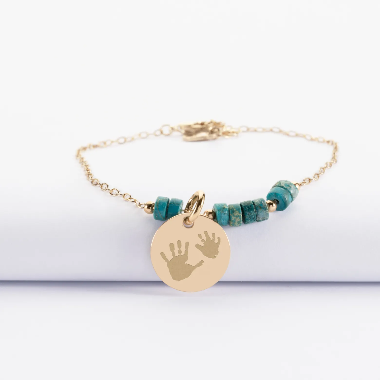 Bracelet chaîne barrette de perles personnalisé médaille gravée plaqué or ronde 15 mm