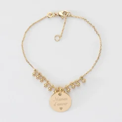 Bracelet chaîne boules personnalisé médaille gravée plaqué or 15 mm