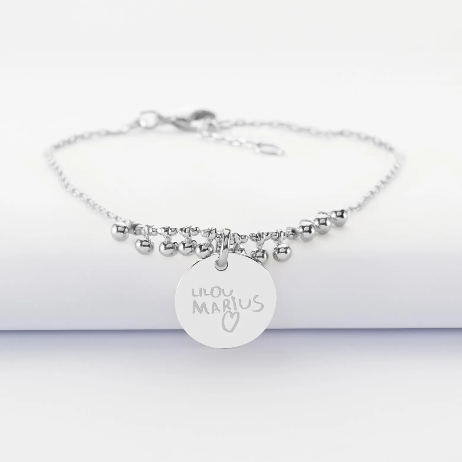 Bracelet chaîne boules personnalisé médaille gravée argent 15 mm