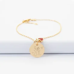 Bracelet chaîne coeur émail rouge personnalisé médaille gravée plaqué or 15 mm