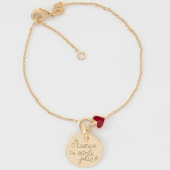 Bracelet chaîne coeur émail rouge personnalisé médaille gravée plaqué or 15 mm
