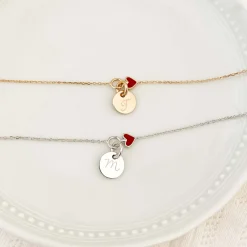 Bracelet chaîne coeur émail rouge personnalisé médaille gravée argent 10 mm