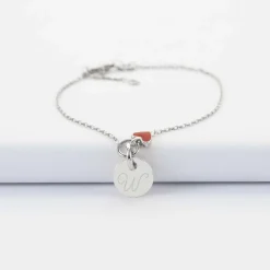 Bracelet chaîne coeur émail rouge personnalisé médaille gravée argent 10 mm