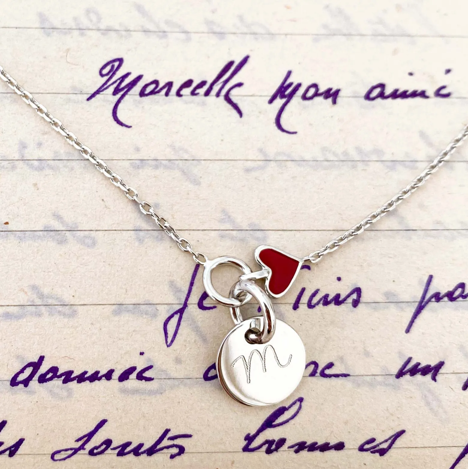 Bracelet chaîne coeur émail rouge personnalisé médaille gravée argent 10 mm