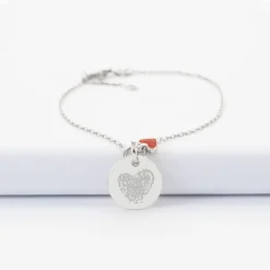 Bracelet chaîne coeur émail rouge personnalisé médaille gravée argent 15 mm