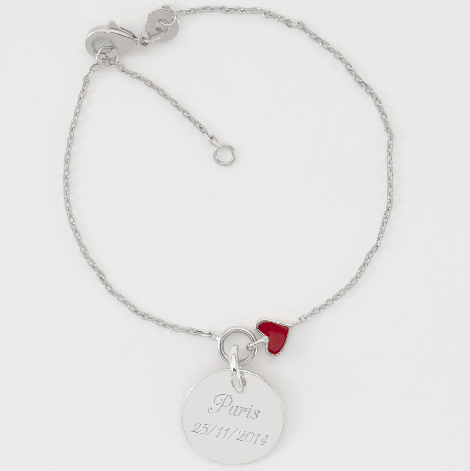 Bracelet chaîne coeur émail rouge personnalisé médaille gravée argent 15 mm
