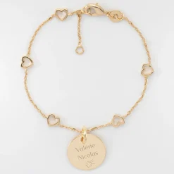 Bracelet chaîne coeurs ajourés personnalisé médaille gravée plaqué or 15 mm