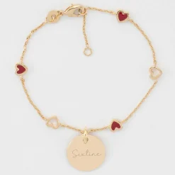Bracelet chaîne coeurs ajourés et email personnalisé médaille gravée plaqué or 15 mm
