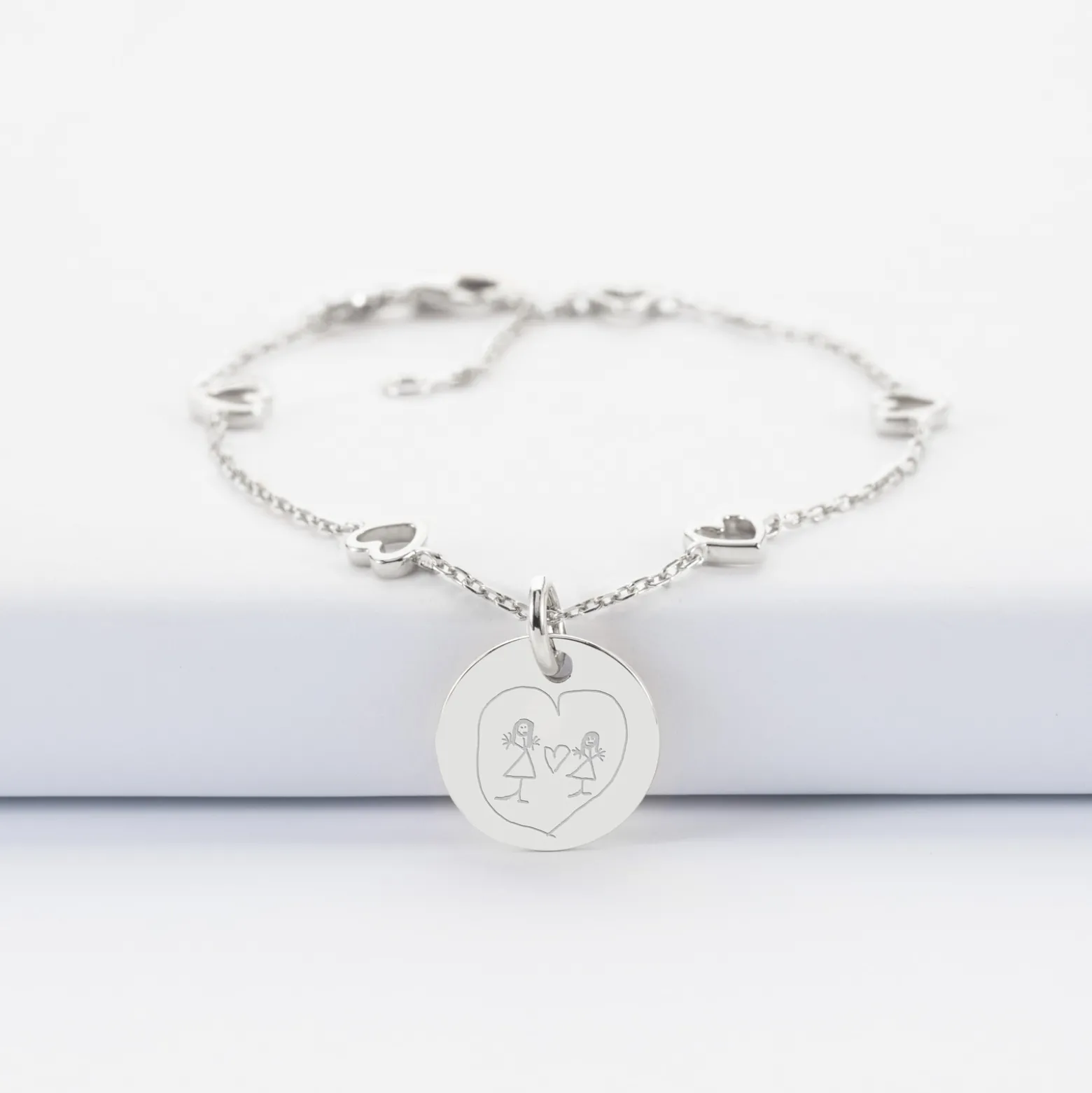 Bracelet chaîne coeurs ajourés personnalisé médaille gravée argent 15 mm