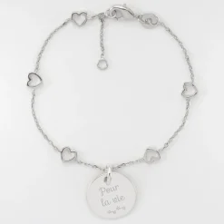 Bracelet chaîne coeurs ajourés personnalisé médaille gravée argent 15 mm