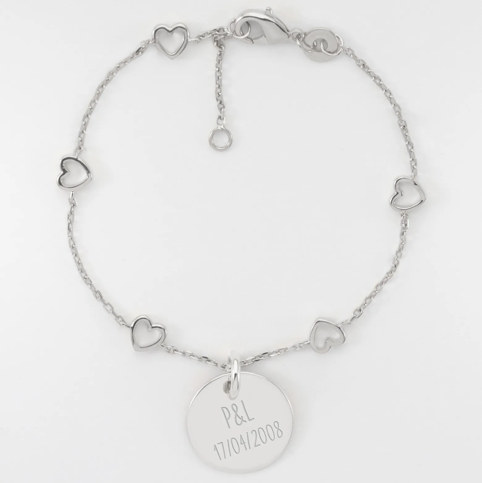 Bracelet chaîne coeurs ajourés personnalisé médaille gravée argent 15 mm