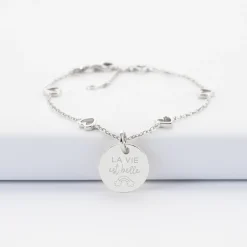 Bracelet chaîne coeurs ajourés personnalisé médaille gravée argent 15 mm