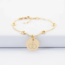 Bracelet chaîne coeurs ajourés Mariée personnalisé médaille gravée plaqué or 15 mm